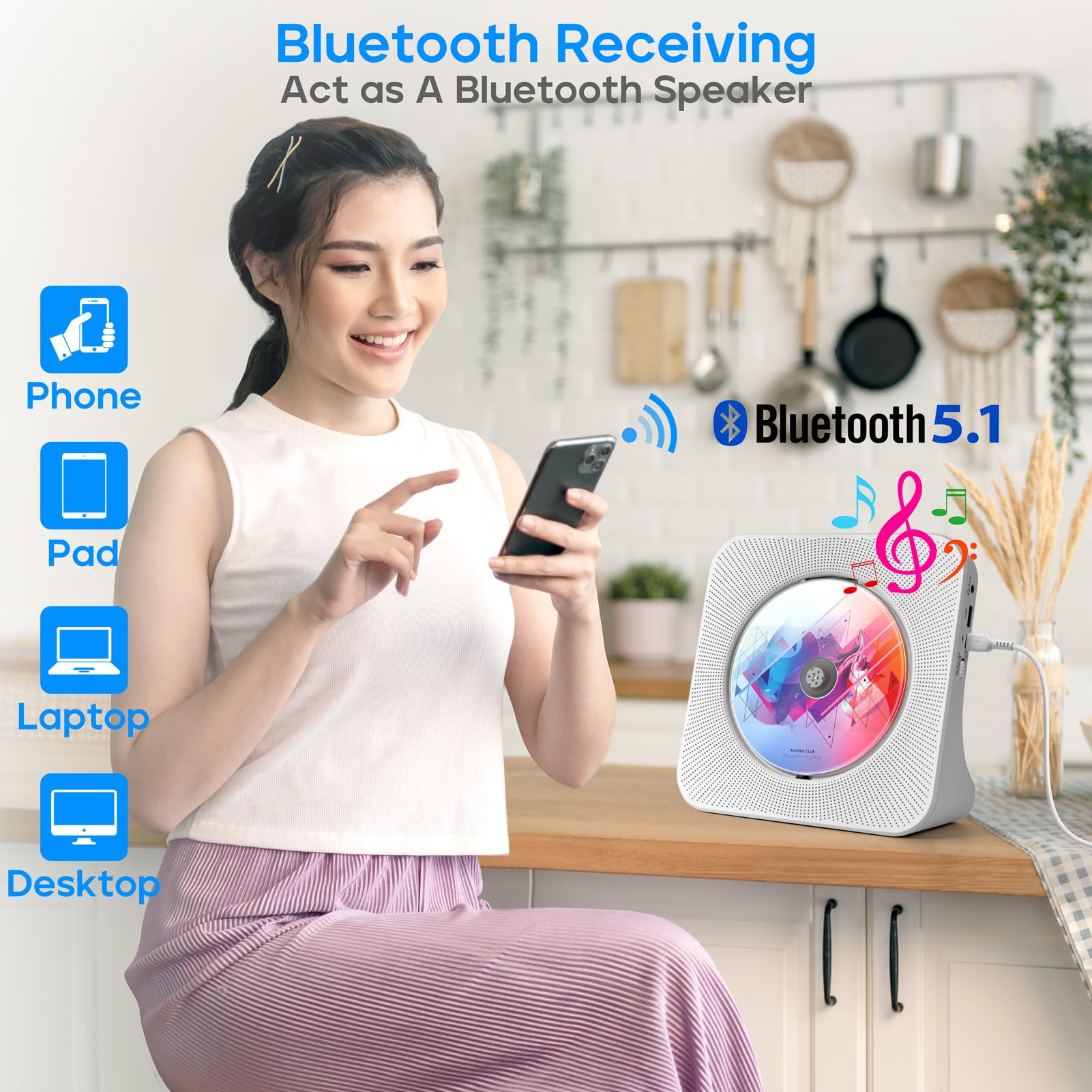 Portable CD Player with Speakers, ROADOM CD Players for Home, Bluetooth CD Player with Stereo Sound,Remote Control,Supports CD/Bluetooth/FM Radio/USB Drive/AUX/Timer/Repeat