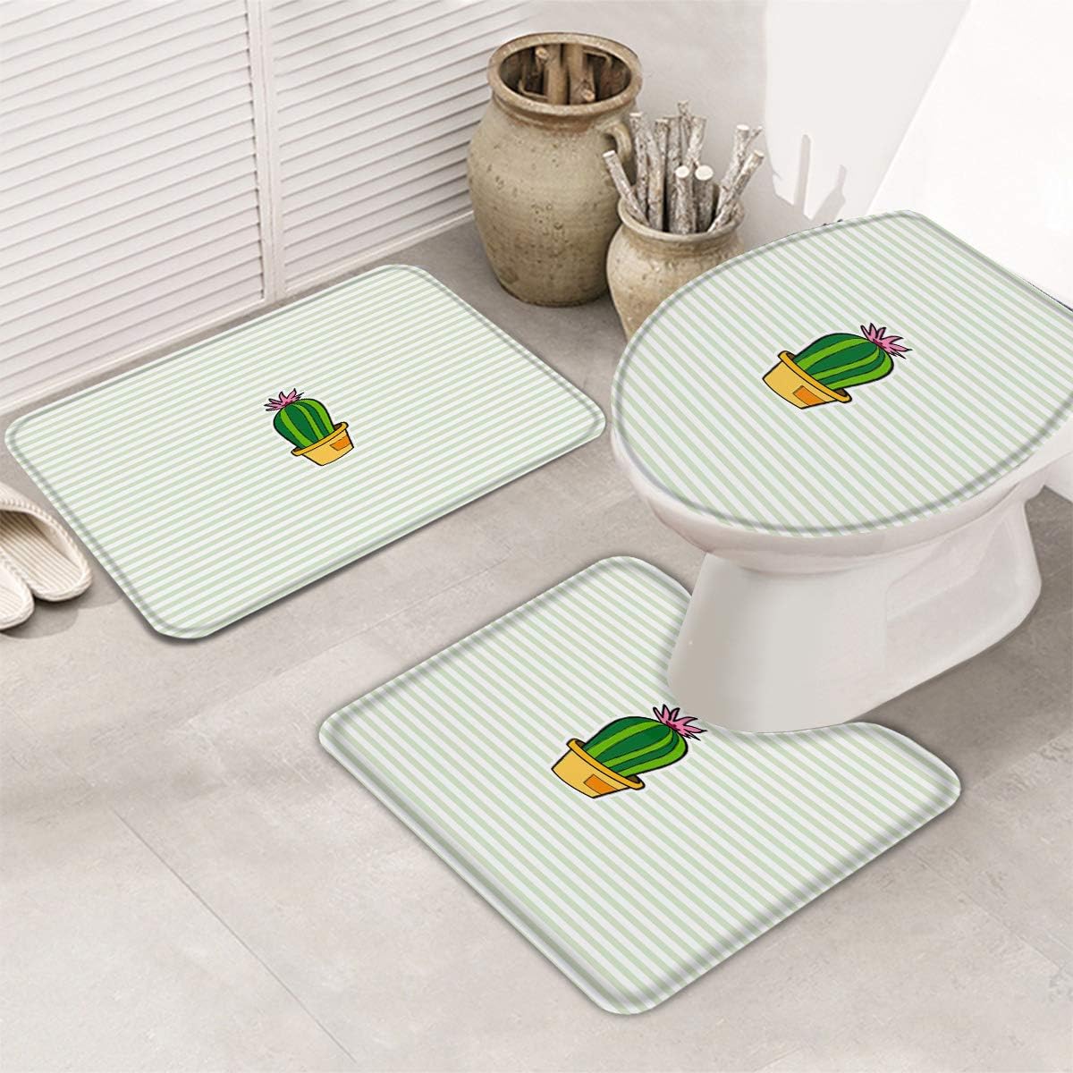 3 Piece Bath Rug Set Cactus Decor Bathroom Rug Mexico Style Romantic Tender Blossoms Non Slip Bath Mats for Bathroom Absorbent Mats Set