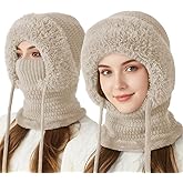 3 in 1 Beanie Hat with Scarf and Mask, Women's Outdoors Windproof Scarf Hat, Knitted Ski Mask Set