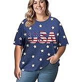 4th of July Shirts Women Plus Size:USA Star American Flag Crew Neck Short Sleeves Tee Patriotic T-Shirt