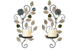JUCONSIN Wall Sconces Candle Holder Set of 2, Antique Multi-Color Leaf Branch Wall Mount Hanging Metal Wall Candle Holder Candle Sconce for Living Room Dining Room