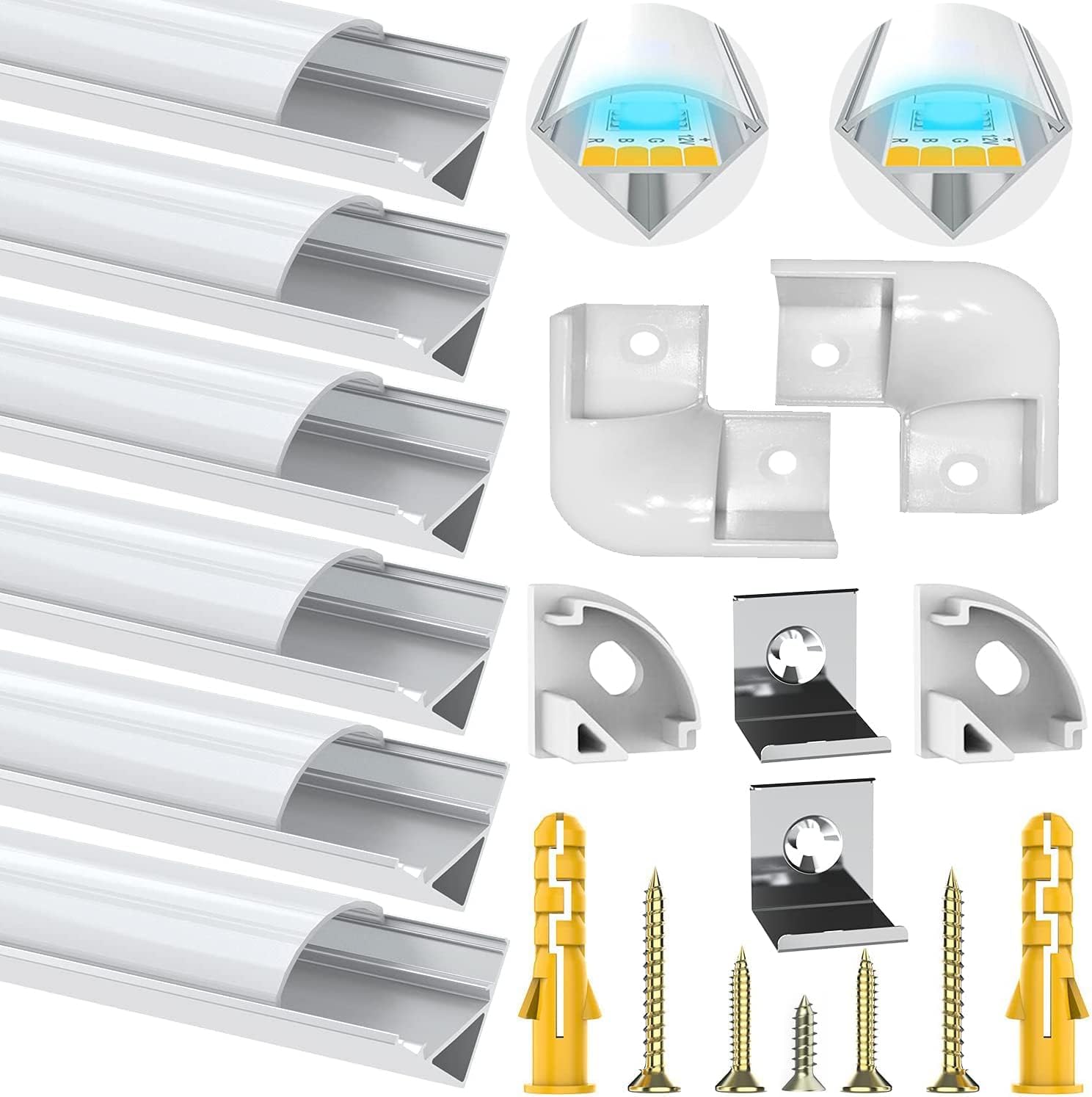 Chesbung 6 Pack V Shape Led Aluminum Profile for LED Strips, 1Meter/3.3ft Led Aluminum Channel with Milky White Cover, Led Track Diffusers with End Caps, Mounting Clips and 90 Degree Corner Connector — image 1
