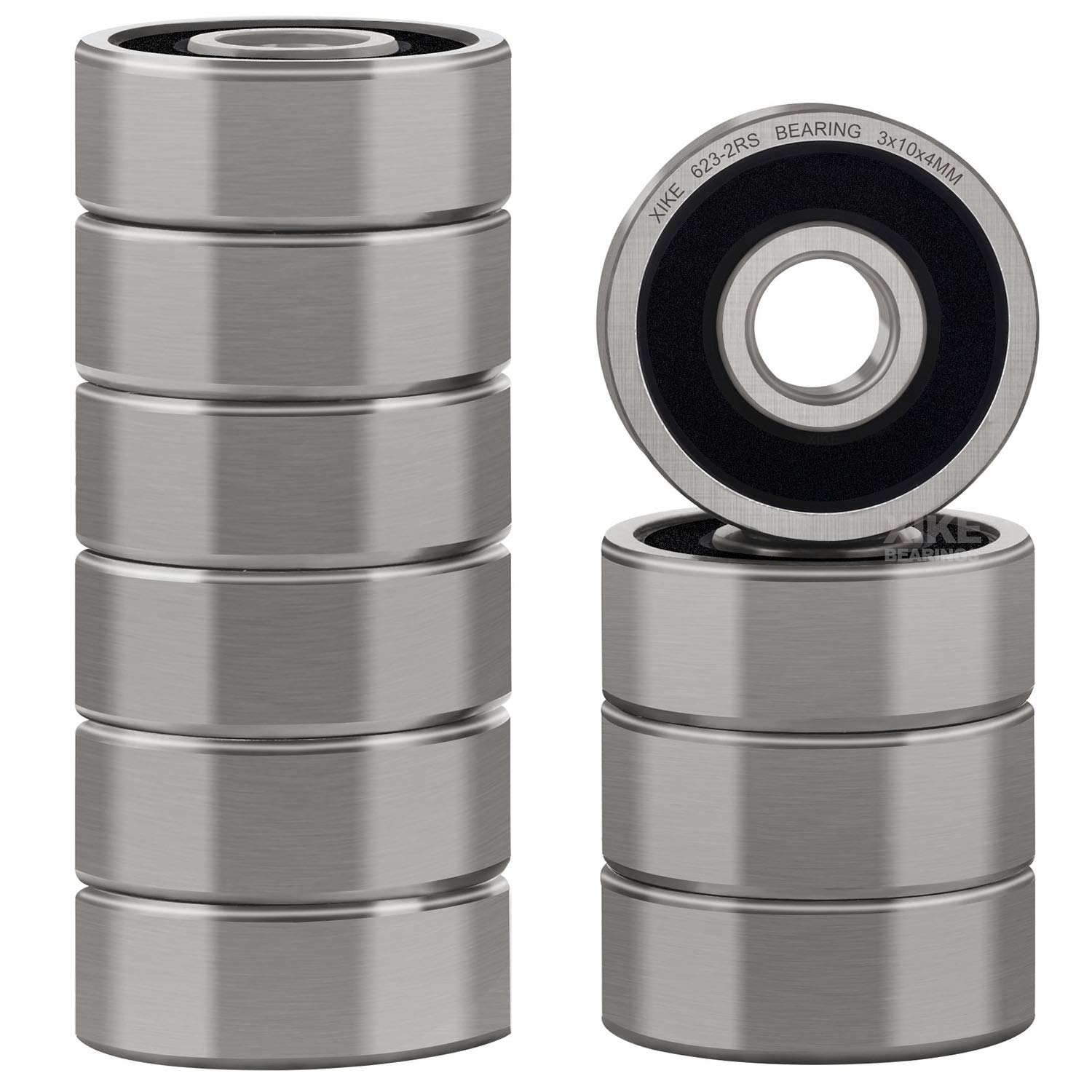 XIKE 623-2RS Sealed Ball Bearings 3x10x4mm, 623RS Deep Groove Ball Bearing with Double Rubber Seal and Chrome Steel, Pack of 10.
