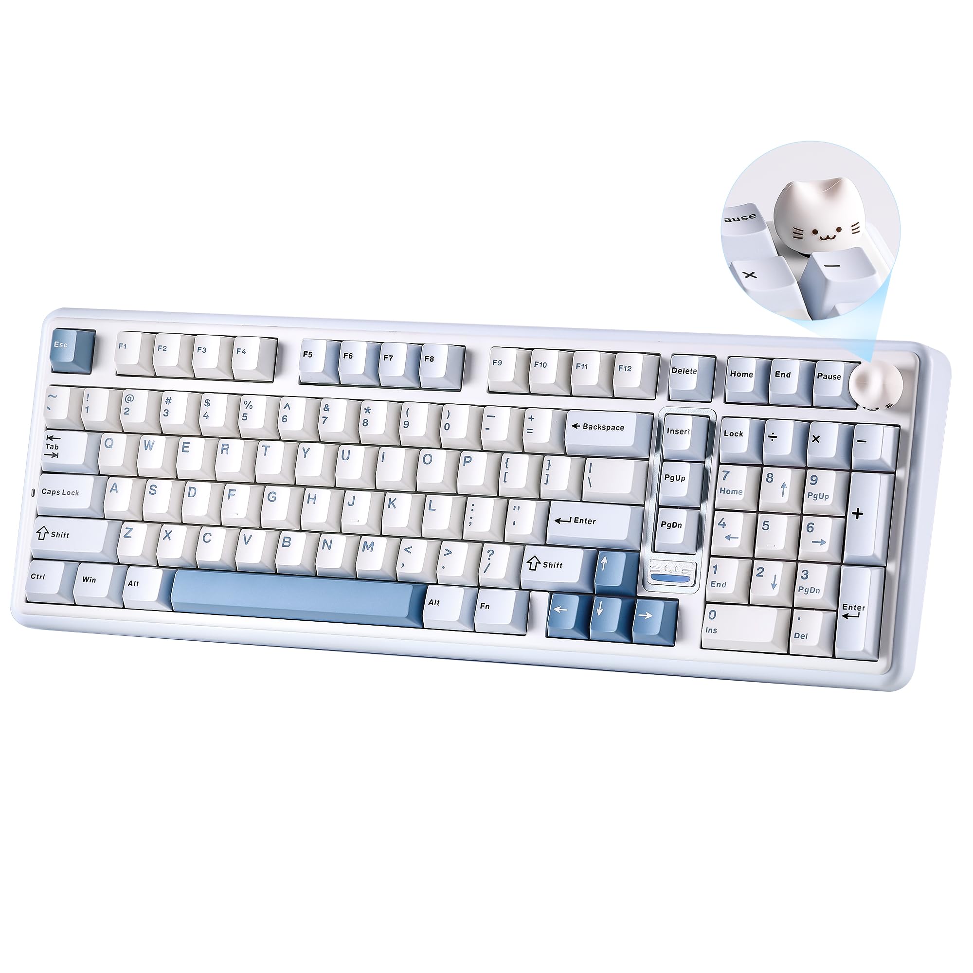 Photo 1 of YUNZII B98 PRO QMK/VIA Wireless Mechanical Gaming Keyboard, 96% Layout with Numpad and Cute Cat Knob, BT/2.4G/USB-C, Pre-Lubed Switch Hot Swap Gasket, RGB for Win/Mac (Blue, Milk V2 Linear Switch)