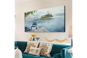 Ardemy Lake Canvas Wall Art Blue Grey Sky Nature Landscape Painting Boat Picture Modern Scenic Artwork Framed Large Size for Living Room Bedroom Bathroom Dinning Room Home Office Wall Decor 40"x20"