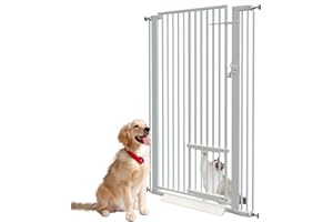 JIPRLAK 55.11" Extra Tall Cat Gate 29.5-31.8 Wide Cat gate for Doorway Pet Gate with Cat Doors NO Drilling Pressure Mount Kit for Cats and Dogs Indoor Doorways liveing Room Bedroom-White