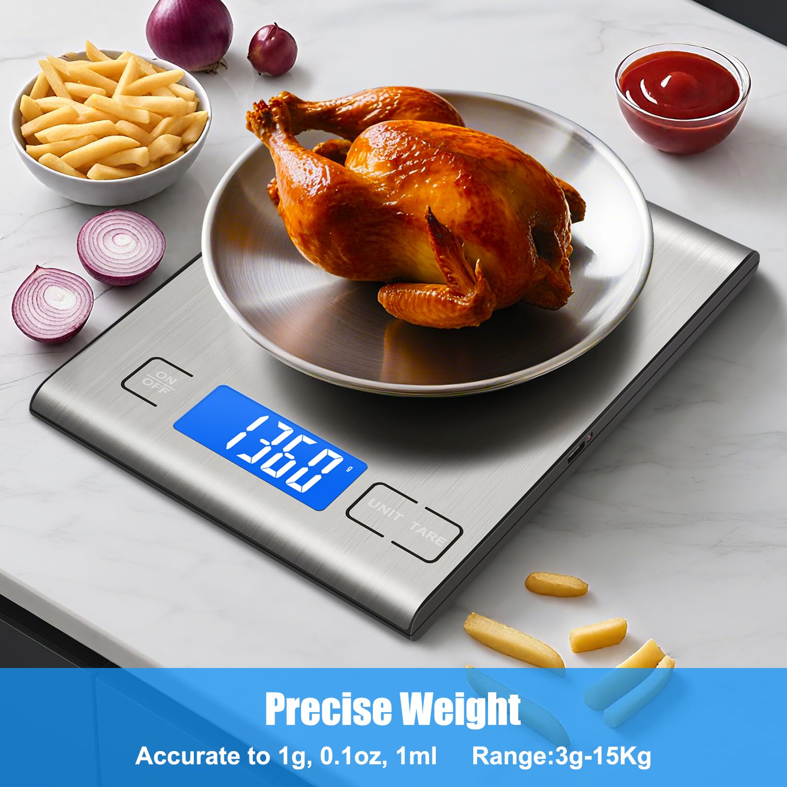 33lb Rechargeable Food Scale, Diyife 304 Stainless Steel Digital Kitchen Scale with 3 Buttons, Weight Grams and Ounces for Baking, Cooking, 5 Units with Tare Function, LCD Display, 2 AAA Batteries