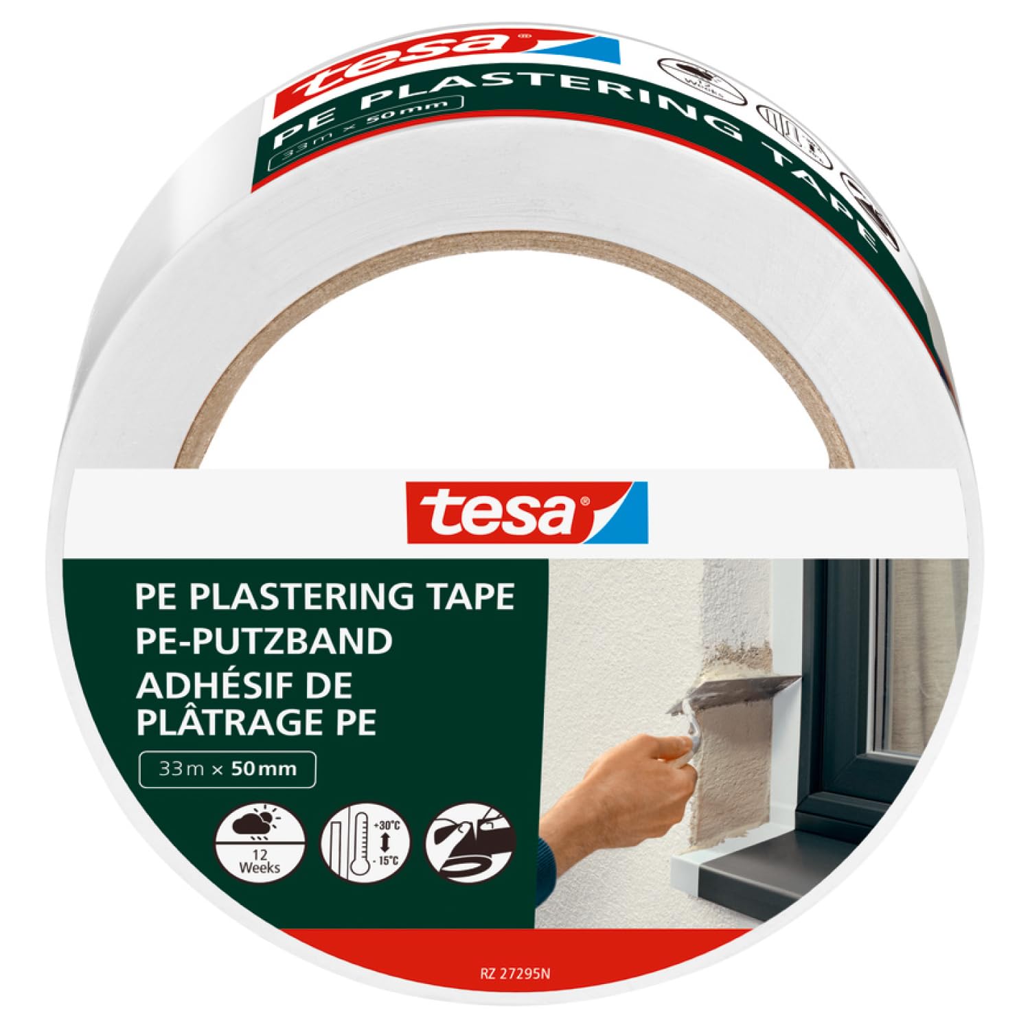 tesa Plastering Tape PE - Plaster Tape Roll with high-quality PE base material - for protection when plastering outdoors - temperature-resistant - white - 33 m x 50 mm