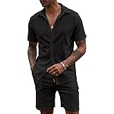 URRU Men's 2 Piece Short Set Summer Beach Outfits Hollow Out Button Down Shirt and Shorts Hawaiian Matching Sets