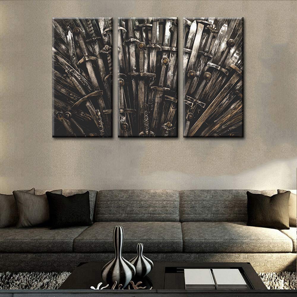 TUMOVO The Iron Throne Pictures Game of Thrones Paintings 3 Panel Canvas Medieval Wall Art Metal Kni