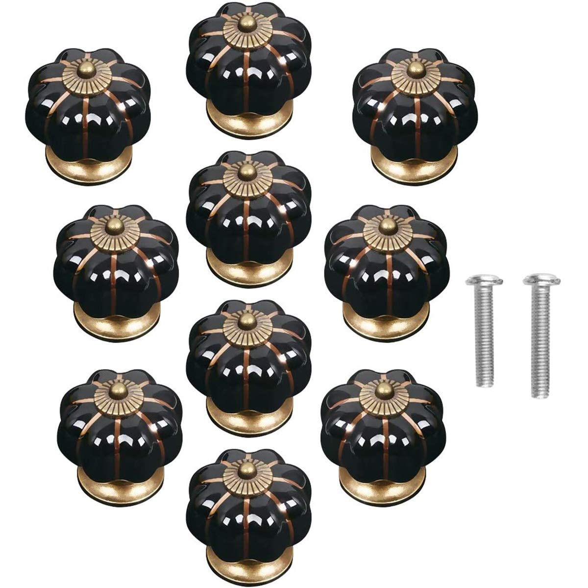 POFET 10pcs Ceramic Door Knobs Vintage Pumpkin Cabinet Drawer Pulls Cupboard Handles Furniture Home Decoratin Black
