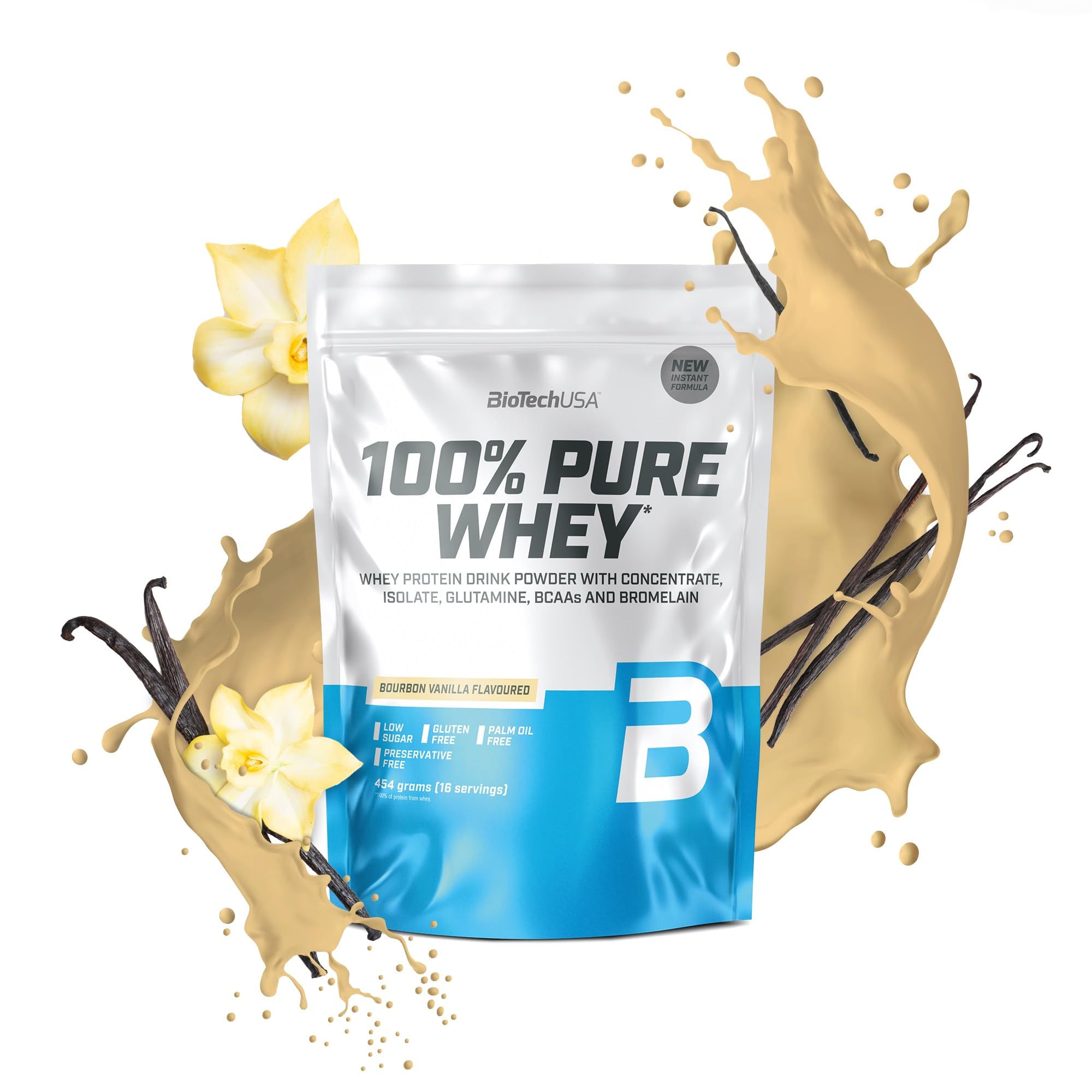BioTechUSA 100% Pure Whey | Protein Powder with BCAA and Glutamine | Gluten-Free, Palm Oil Free | 21g Protein per Serving, 454 g, Bourbon Vanilla