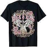 Vintage Rock n Roll Wild Spirit Lets Rock Guitar Floral T-Shirt