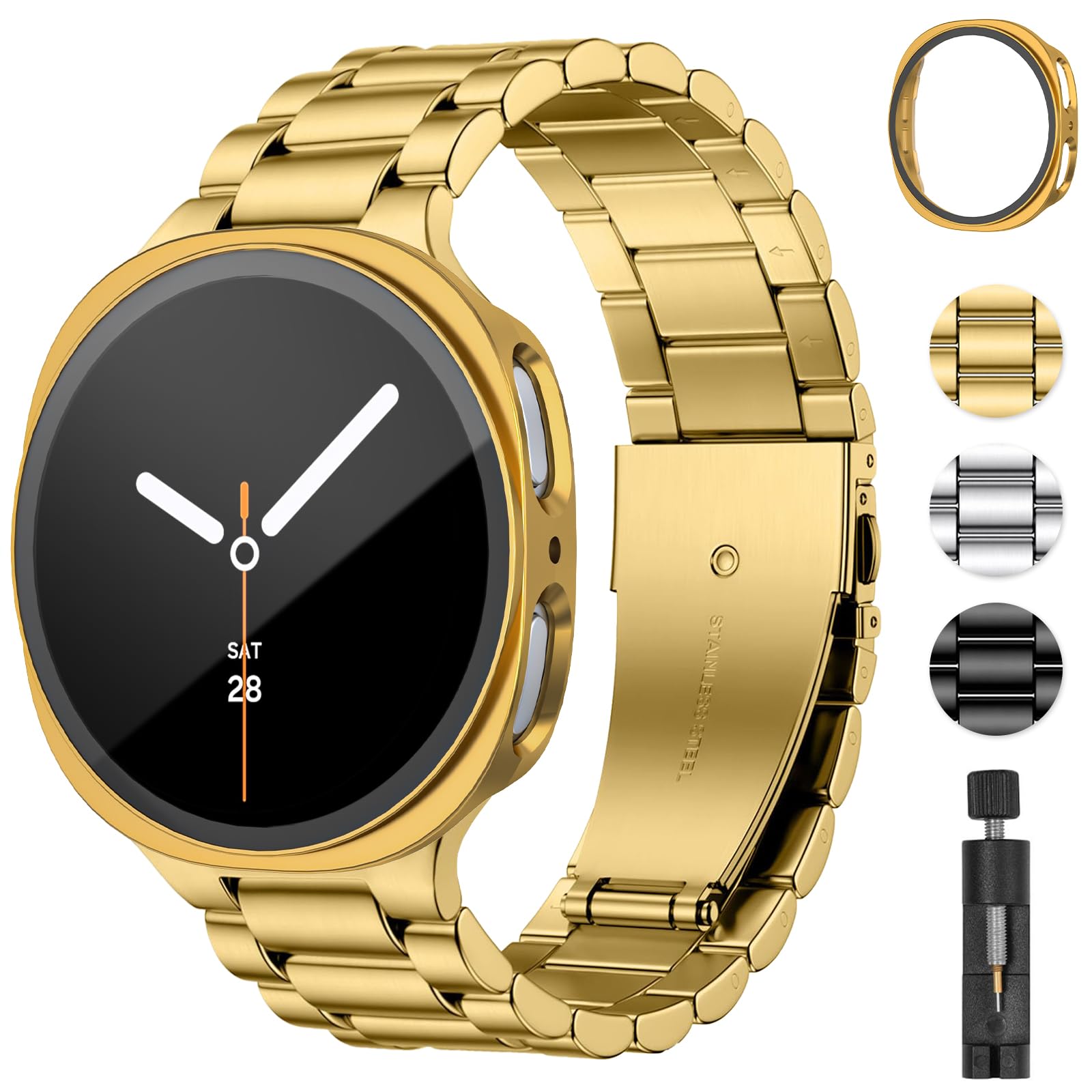 BandRain Stainless Steel Band and Case Compatible with Samsung Galaxy Watch 8 Band 44mm 40mm, Business Metal Chain Link Bracelet Strap with Hard PC Cover for Samsung Watch 8 40mm 44mm Men Women (Gold-02, Galaxy Watch 8 40mm)
