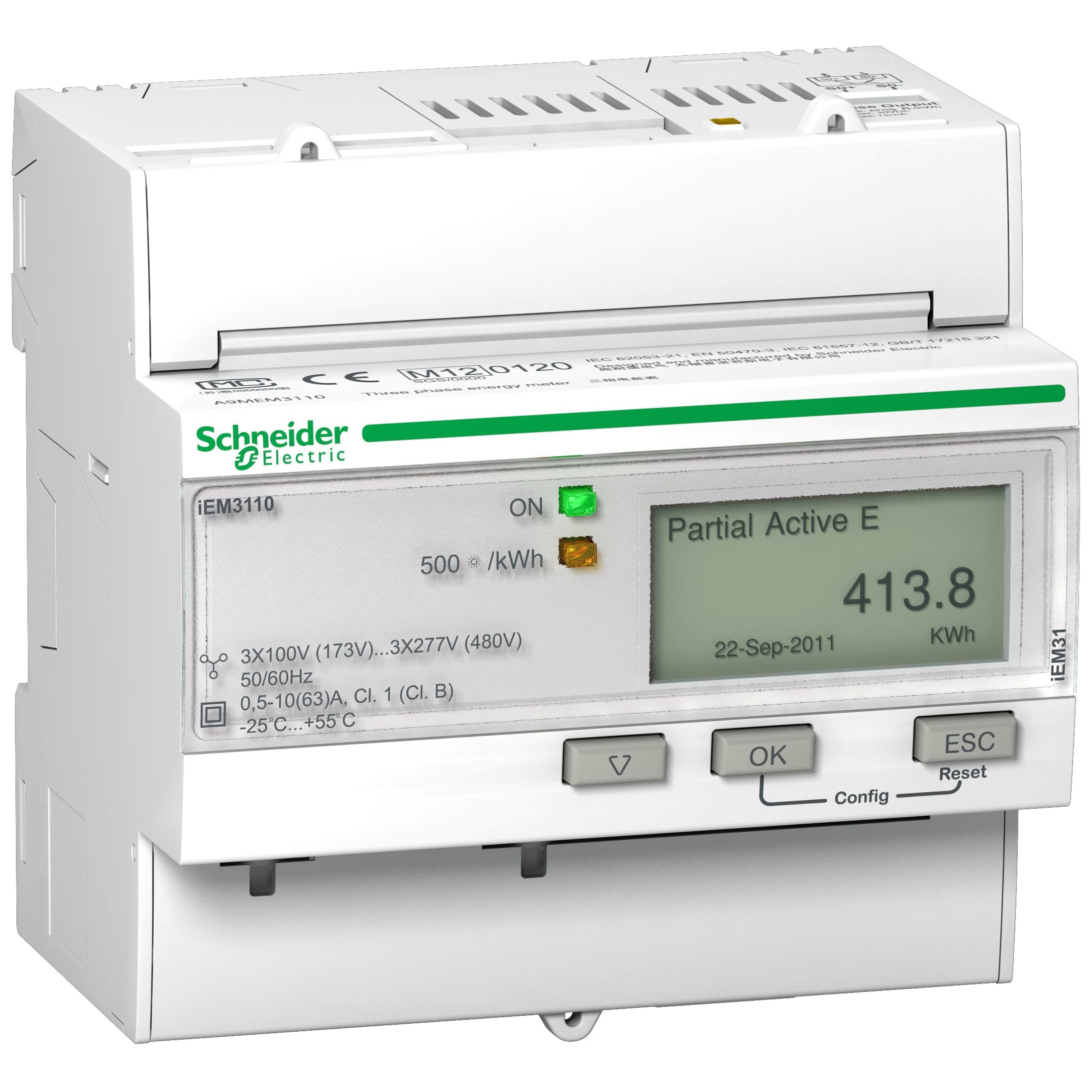 Schneider Electric Acti 9, A9MEM3110, Energy Meter, 63 A, 1 pulse O, MID, LCD display, iEM3110