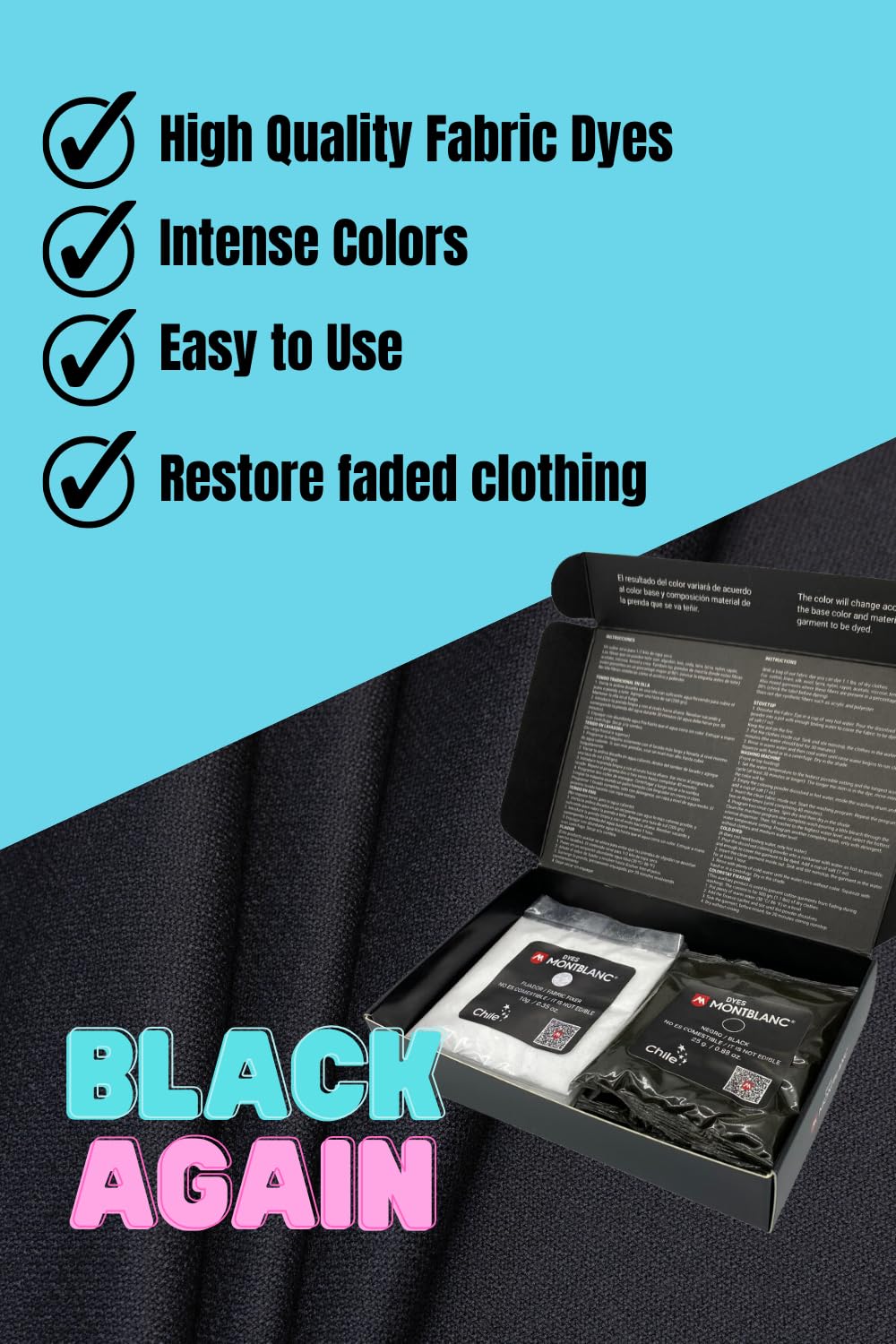 Anilinas Black Again Fabric Dye Pack - Renew & Dye Up Your Clothes - Includes 3 Blue Dye Sachets and 3 Fixative Sachets for Cotton & More