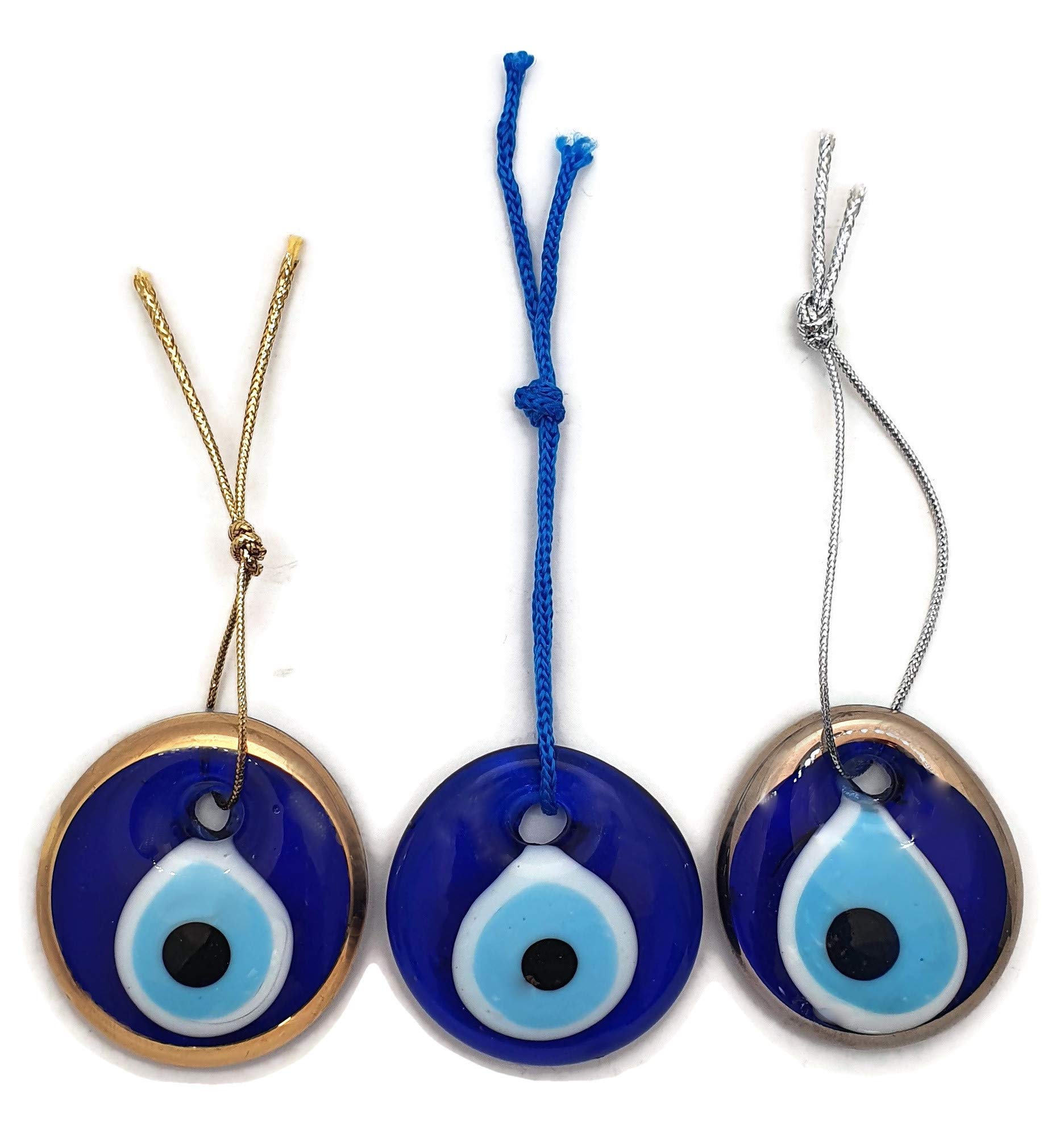 MYSTIC JEWELS 3 Eyes to Hang – Glass Against Evil Eye Blue and White in 3 Colours, Classic Blue, Gold and Silver Colour Around
