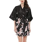 Algerc Women Kimono Robes Satin Dressing Gown Crane and Blossoms Sleep Lounge Nightwear Short Silk Bride Bridesmaid Robe