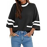 Cicy Bell Womens Oversized Sweater 3/4 Sleeve Mock Neck Color Block Chunky Knit Sweaters Casual Fall Pullover Tops