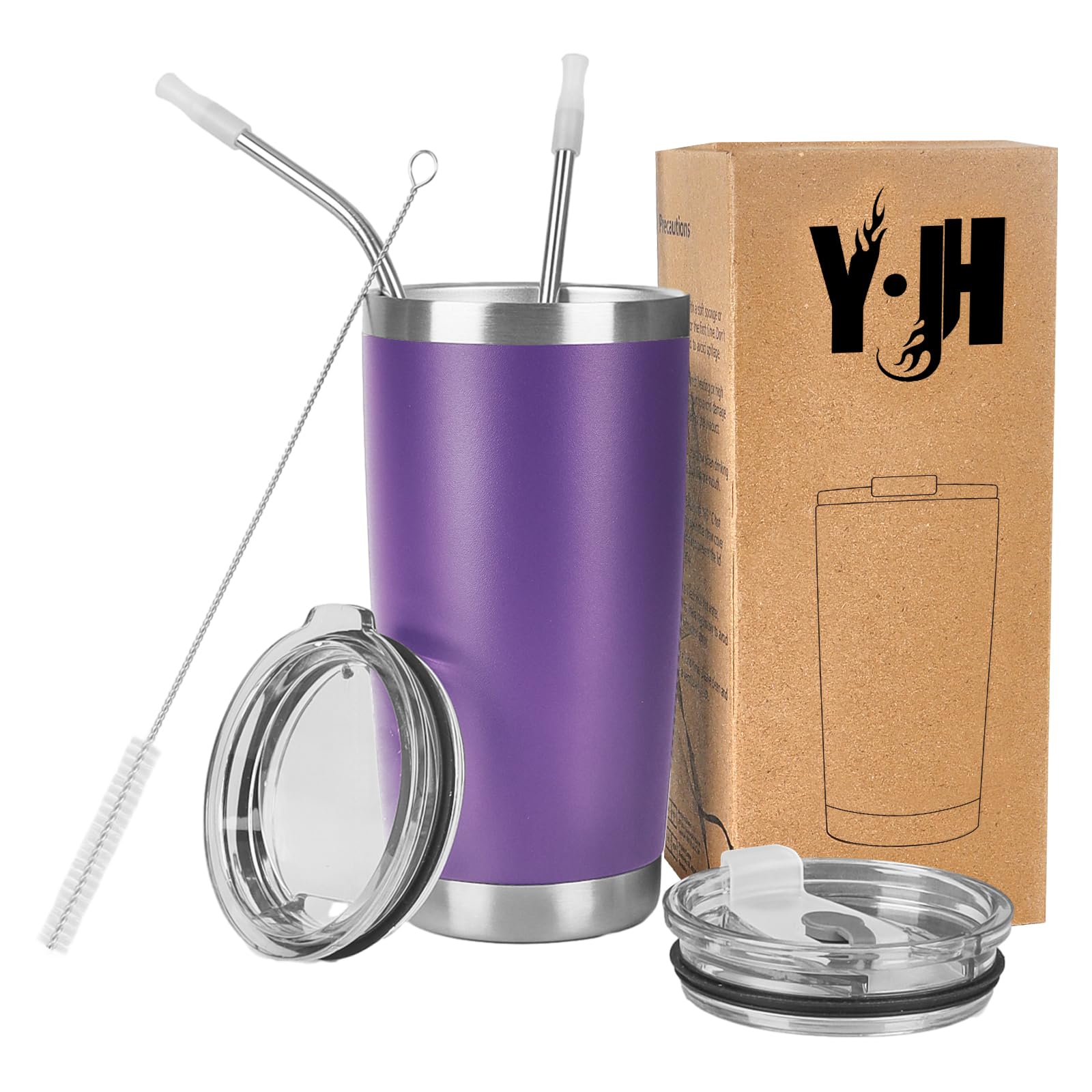 Y·J&H 20oz (550ml) Travel Tumbler Double Wall Vacuum Insulated Coffee Mug Stainless Steel Coffee Cup with 2 Splash Proof Lid, 2 Straws & Free Cleaning Brush, BPA Free - Purple