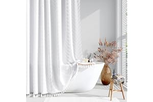 Dynamene Boho Farmhouse Shower Curtain, White Fabric Tufted Chevron Striped Textured Tassel Shower Curtains for Bathroom, Wat