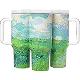 Jormungand 40 oz Tumbler with Handle and Straw Stainless Steel Vacuum Insulated Water Bottle for Hot or Cold Beverages Coffee Mug with Leak Proof Lid Gift for Women&Men (Green Wheat Fields)