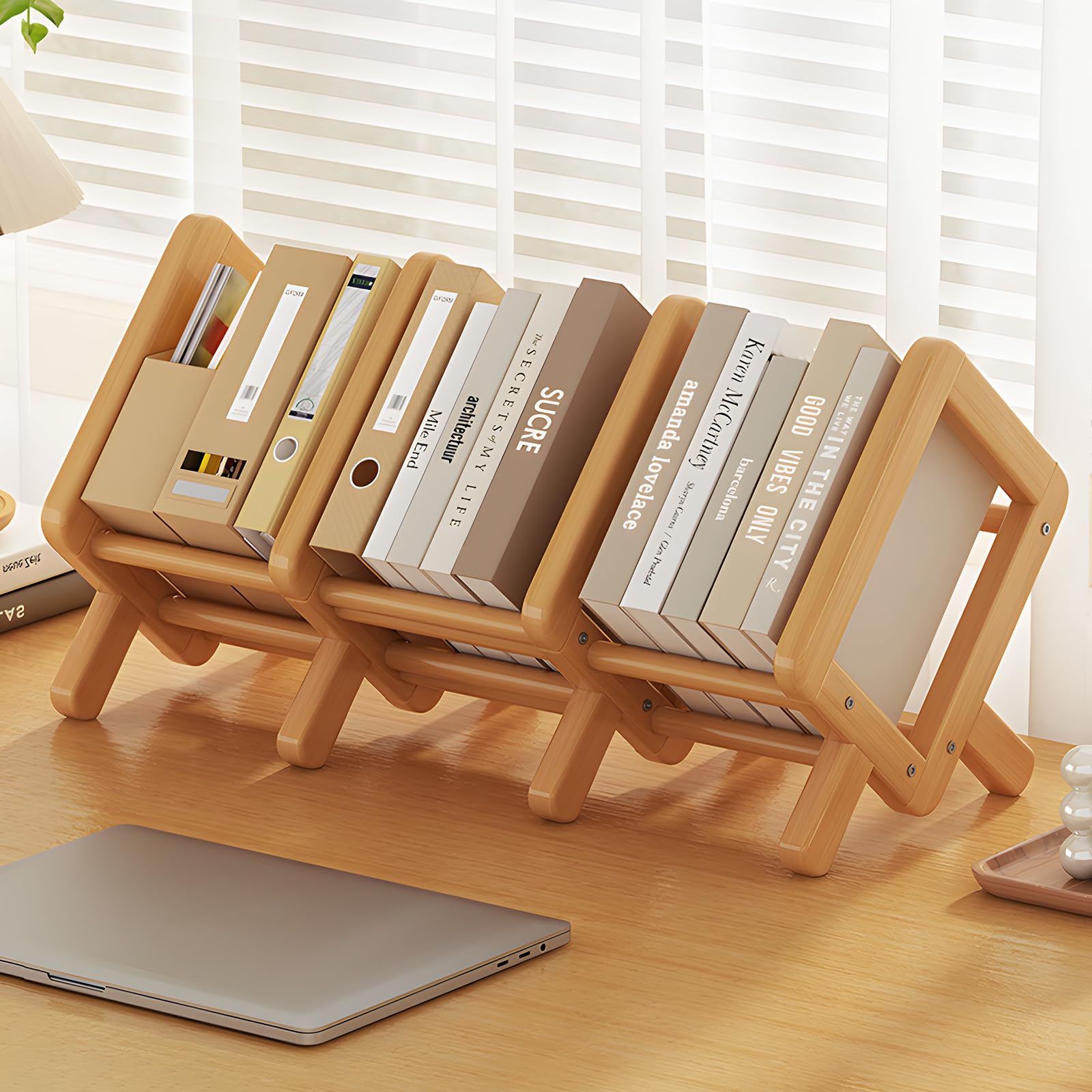 Expandable Desktop Bookshelf, Bamboo Desk Bookshelf, Adjustable Book ...