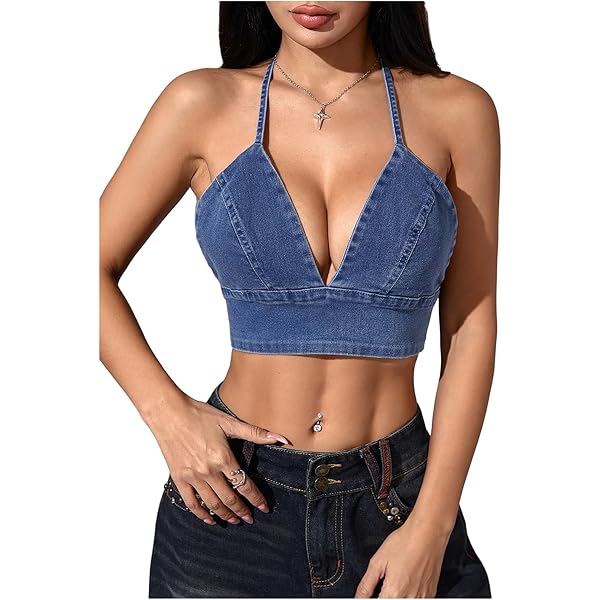 OYOANGLE Women's Frill Trim V Neck Denim Halter Top Tie Backless