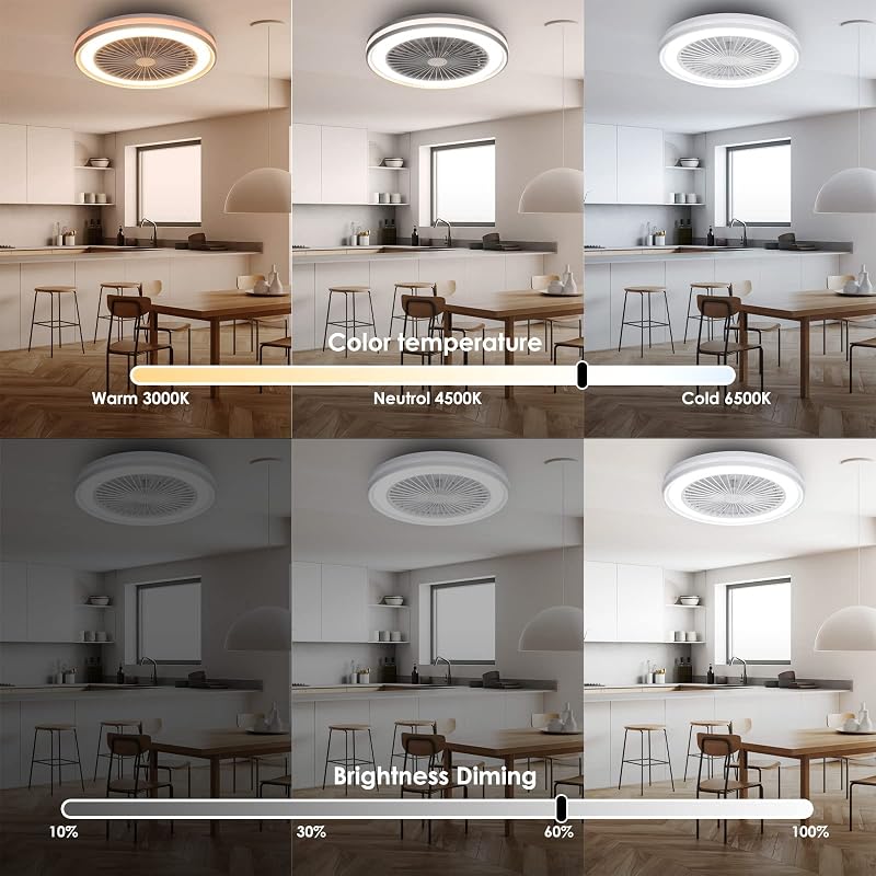 Ventilateur de plafond avec éclairage, LED 40W, RGB 3000K-6500K, vitesse du vent réglable par télécommande, convient pour une pièce de 10 à 13 m² (cuisine, salon, chambre), Ø47cm