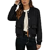 GRECERELLE Womens Faux Suede Leather Bomber Jacket Cropped Button Down Long Sleeve Casual Varsity Baseball With Pockets