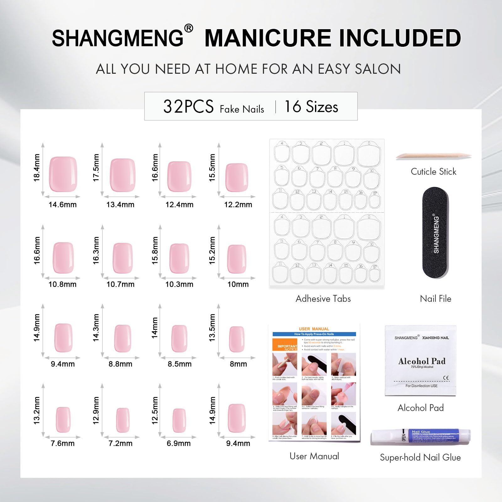 SHANGMENG Pink Chrome Press on Nails Square - Soft Gel Press on Nails Short for Women Gift, Glossy Stick on Nails with Glue in 16 Sizes - 32 Reusable Fake Nails, Aurora Light Pink - Image 6