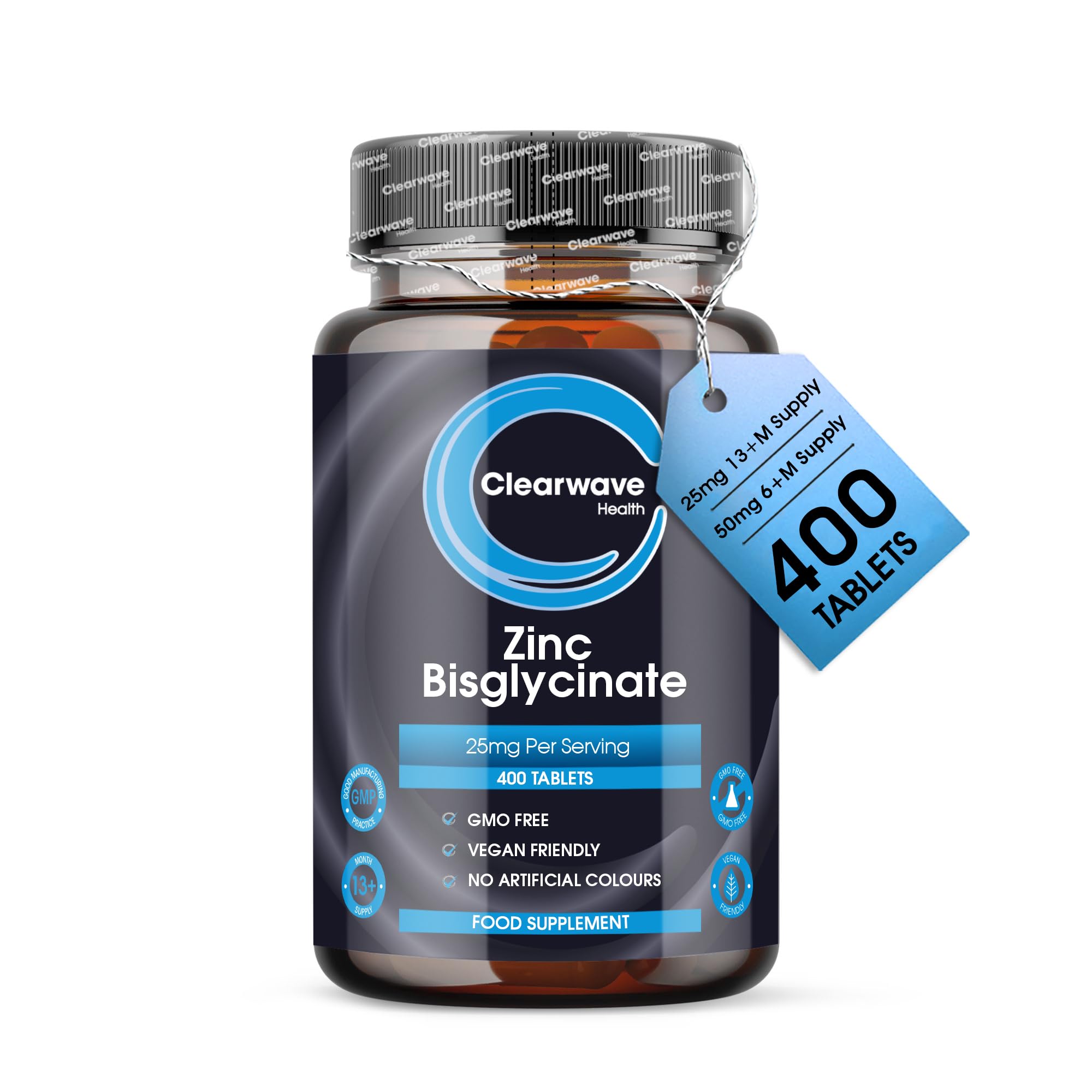 Zinc Tablets 50mg | in Bisglycinate | 400 Vegan Tablets | 6+ Months Supply | High Absorption | Zinc Supplements | for Men and Women | By Clearwave Health