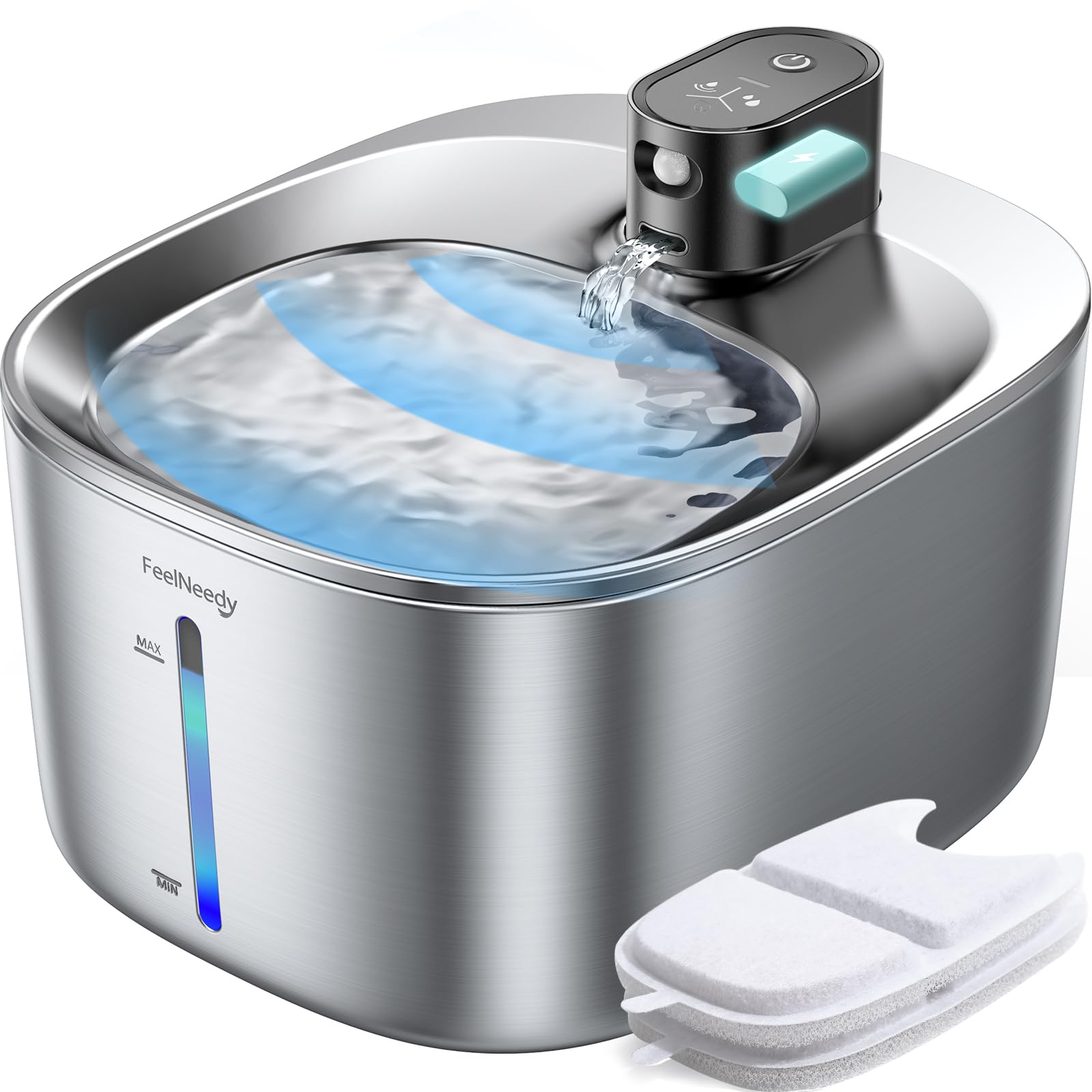 FEELNEEDY Wireless Cat Water Fountain Stainless Steel with Sensor, 4000mAh Battery Operated, 4L/135fl oz Pet Water Fountain for Cats Dogs, Ultra Quiet Cat Drinking Fountain with 2 Filters (YPD-C004S) Image