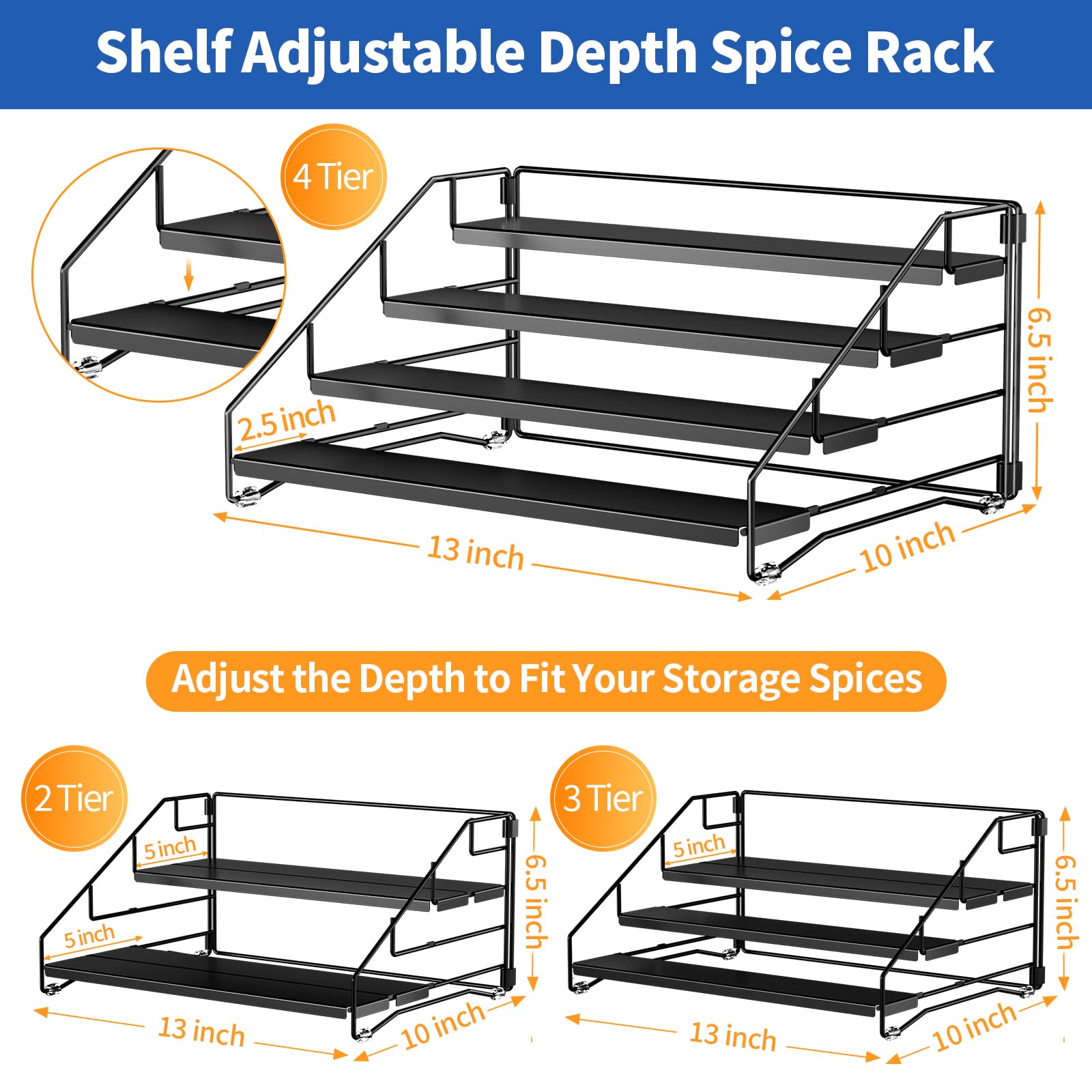 4 Tier Spice Rack for Cabinet, Spice Rack Organizer, Depth Adjustable Spice Holder for Countertop, Cupboard, Pantry, Seasoning Shelf, Metal, Black (1 Pack)