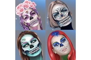 LEOARS Day of the Death Face Jewels Crystals Face Gems Stick on Halloween Makeup Costume,4-Pack