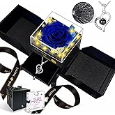 Megapuxin Preserved Real Rose-Eternal Flowers Blue Rose Gifts for Women Her Mom Wife Girlfriend on Valentines Mothers Day with I Love You Necklace 100 Languages Engraved Acrylic Block Puzzle Piece