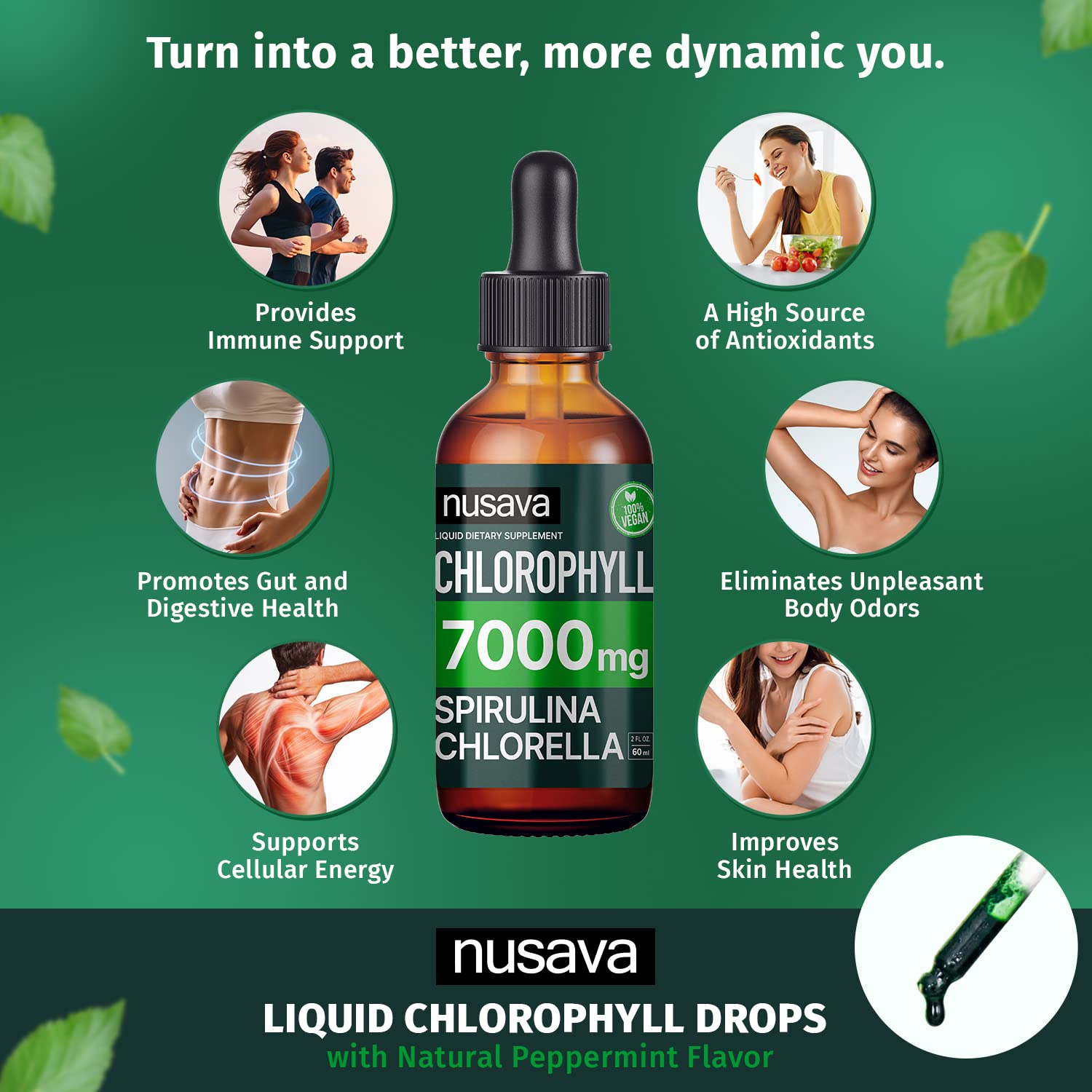 NUSAVA Unflavored D3 K2 Liquid Drops (4 Pack) and Chlorophyll Liquid Drops (2 Pack) Bundle - Potent Liquid Vitamins for Heart, Joint, Energy, & Immune Support - Non-GMO, Gluten-Free