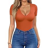 HOTOUCH Deep V Neck Tops for Women Sexy Low Cut Summer Ribbed Knit T Shirts Slim Fit Stretchy Basic Fashion Tee