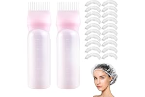 BEABOY Root Comb Applicator Bottle, 6 Ounce, Hair Oiling Applicator with Graduated Scale (2 Pack+20 PCS Disposable Shower Caps, Pink)
