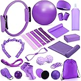 Halloscume 24 Pcs Home Pilates Essentials Kit for Women, Pilates Equipment Ring and Ball Set with Stretching Strap, Water Bottle, Magic Circle, Yoga Ring, Gym Bag, Resistance Band, Anti Slip Socks