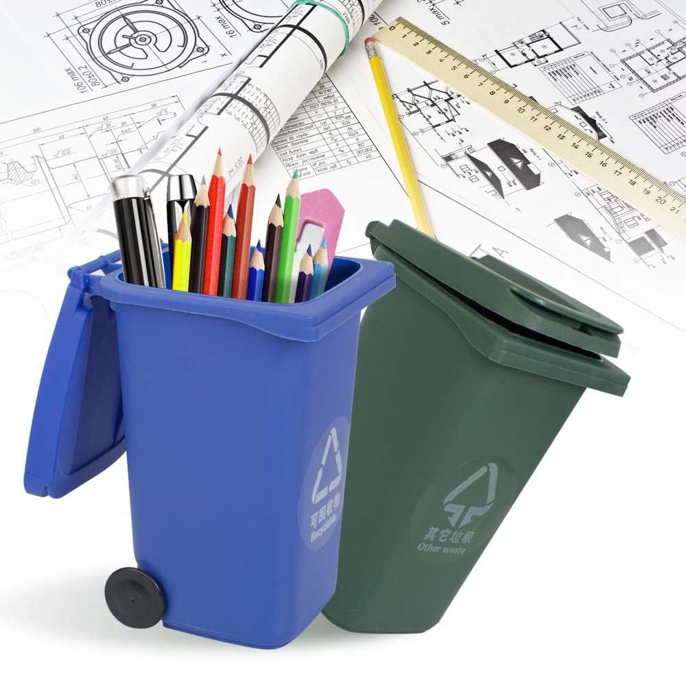 Enshey 2 pcs Mini Wheelie Bin TRASH & RECYCLE Can Novelty Office Desk Tidy Worktop Tools Desktop Stationery Organiser Storage Box Kids Pen Pot Holder Creative Gift