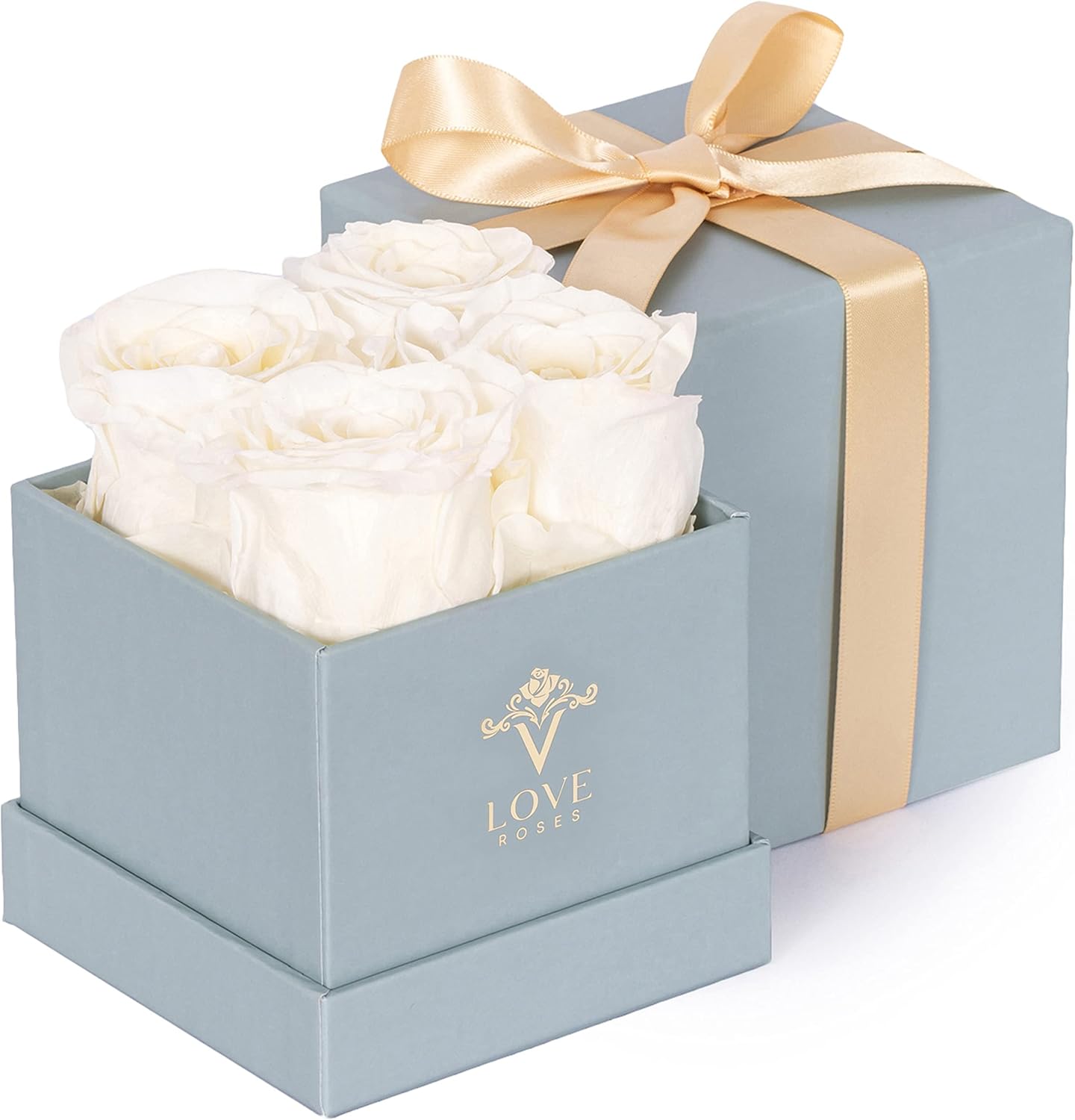 Dried & Preserved Flora - VLove® Forever Preserved Roses in a Box | Real, Long Lasting Roses That Last Over A Year | Handcrafted Eternal Preserved Flowers | Perfect Valentines Day Gifts for Her | Blue Box with 4 White Roses