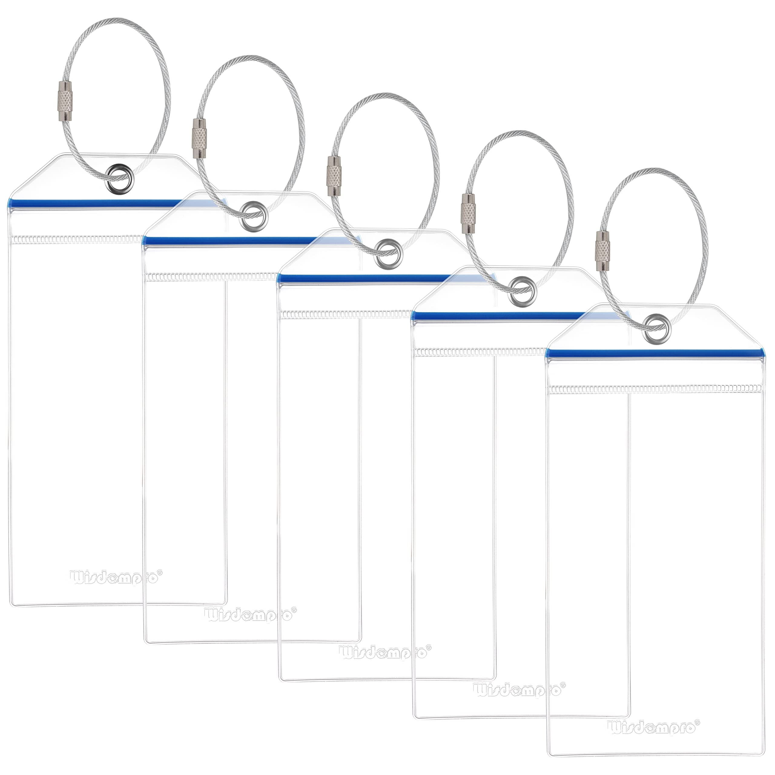 Wisdompro Cruise Luggage Tag Holders, 5 Pack Waterproof Clear Plastic Luggage Labels for Suitcases Cruise with Zip Seal & Steel Loops for Cruise Ships - 3.5 x 7.5 inch