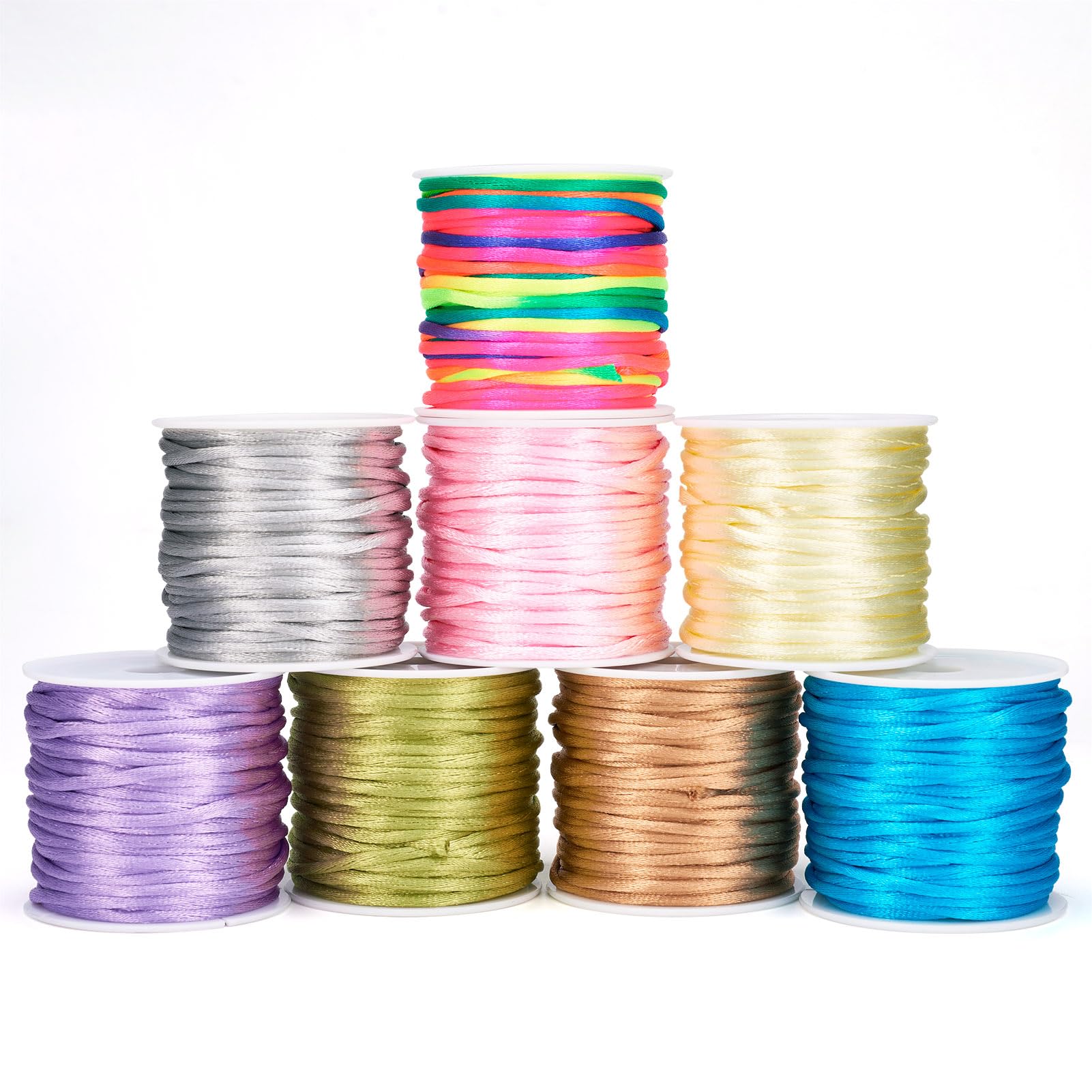 Crafans 8 Rolls Nylon Beading Cords 8 Colors 2MM Round Braided Satin Cords Chinese Knot Making Cords Rattail Threads Nylon String for for Crafting Beading