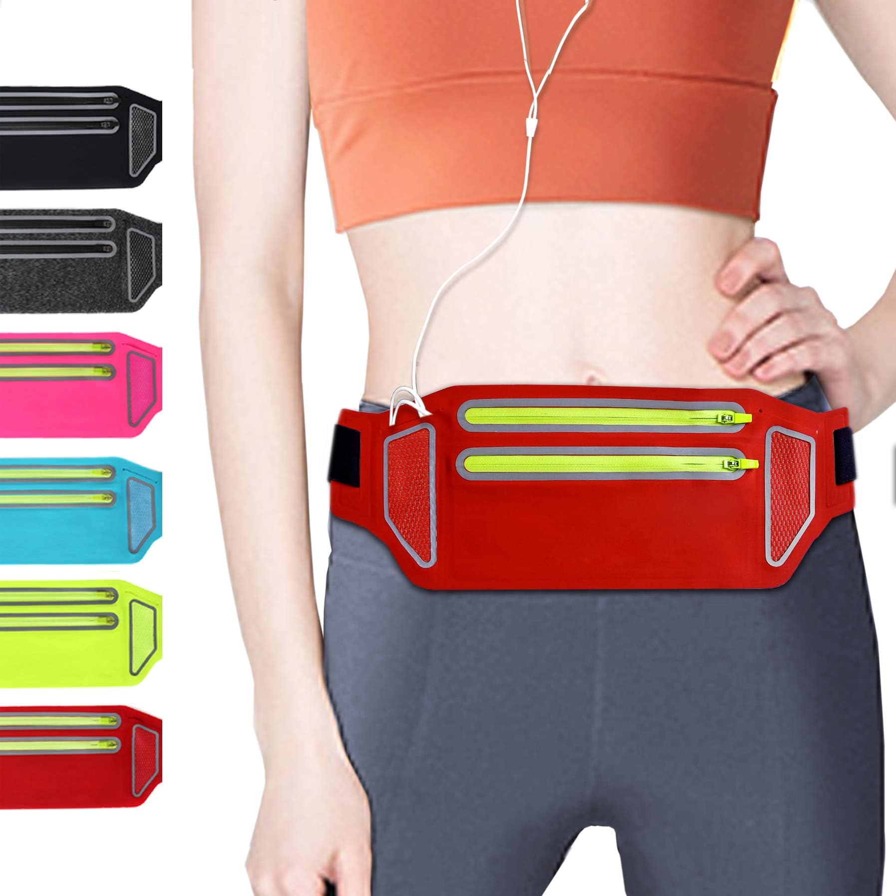 QUANFUN Slim Running Belt, Fanny Packs Waist Pack for Cell Phones, Running Pouch Phone Holder with Two Zippers Bag for Women Men Runners, Workout Gym Accessories Fits up to 6.5” Phones