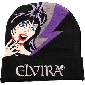 Elvira Mistress of the Dark Purple Bolt Knit Beanie, Black and Purple, One Size Fits Most, Acrylic, with Adjustable Cuff