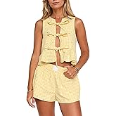 MISSACTIVER Women's Two Piece Outfit Gingham Tie Up Front Tank Tops and Wide Leg Short Set 2 Piece Pajama Sets with Pockets