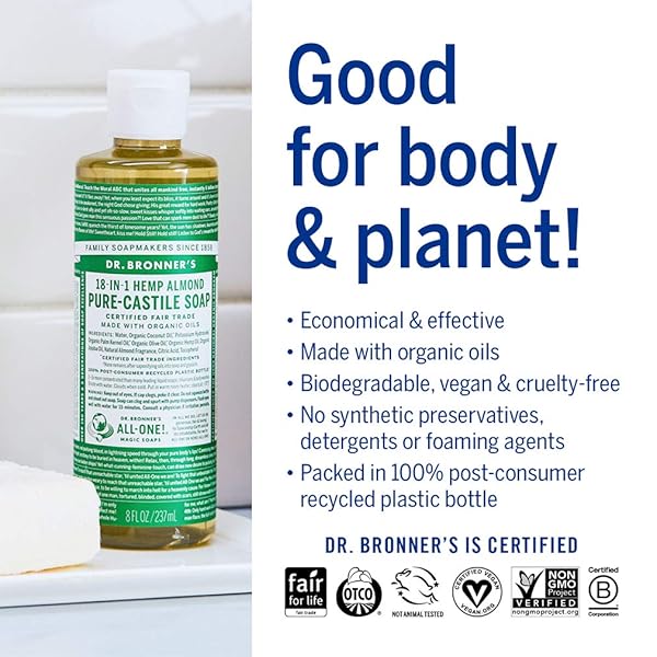 DR. BRONNER’S – PURE-CASTILE LIQUID SOAP (ALMOND, 8 OUNCE) – MADE WITH ORGANIC OILS, 18-IN-1 USES: FACE, BODY, HAIR, LAUNDRY, PETS AND DISHES, CONCENTRATED, VEGAN, NON-GMO