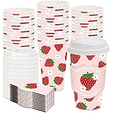 JarThenaAMCS 48 Pack Strawberry Disposable Coffee Cups with Lids and Sleeves Red Pink Strawberry Flower Paper Drinking Cups for Spring Summer Birthday Party Supplies