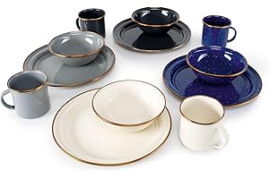 GSI Outdoors Mesa 4-Person Enamelware Camp Set – Classic Enamel Finish with Stainless Steel Rim, 12-Piece, Dishwasher Safe, M